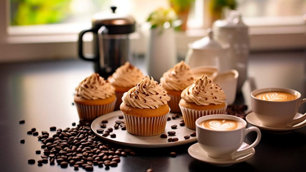Vegan coffee cupcakes on a wooden table
